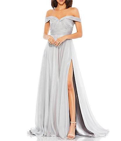 Mac Duggal Off-the-Shoulder Short Sleeve Thigh High Slit Ruched Ball Gown
