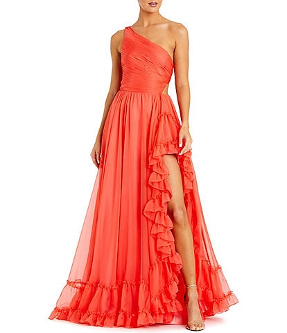 Mac Duggal One Shoulder Asymmetrical Ruffle Gown