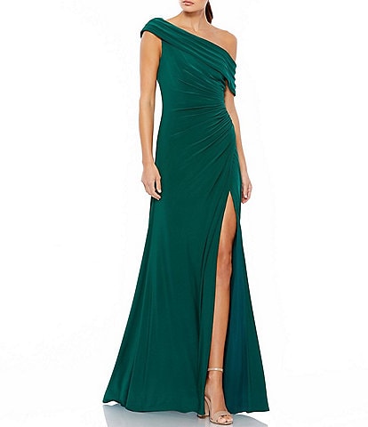 Mac Duggal One Shoulder Cap Sleeve Ruched Thigh High Slit Faux Wrap Gown