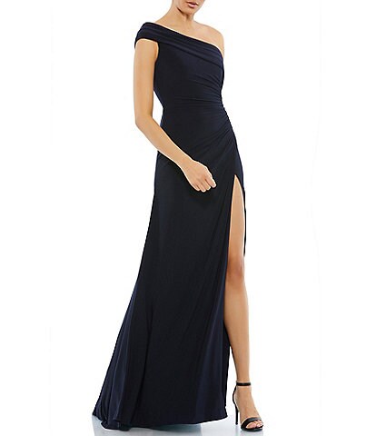 Mac Duggal One Shoulder Cap Sleeve Ruched Thigh High Slit Faux Wrap Gown