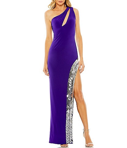 Mac Duggal One Shoulder Cut-Out Neck Sleeveless Sequin High Slit Gown