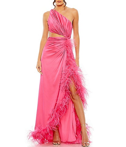 Mac Duggal One Shoulder Cut Out Satin Feather Trim Gown