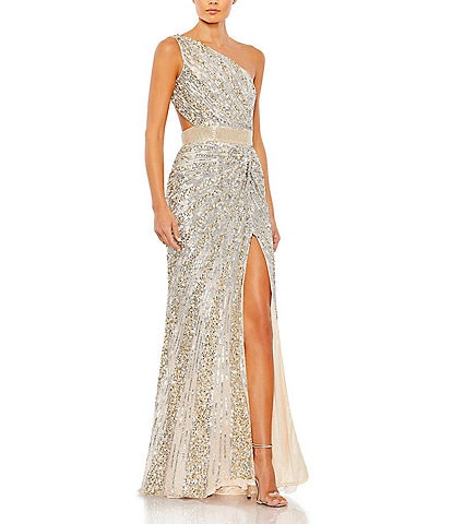 Mac Duggal One Shoulder Lace Up Back Sequin Gown