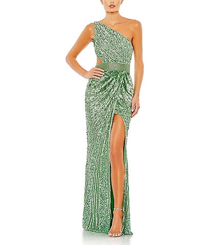 Mac Duggal One Shoulder Lace Up Back Sequin Gown
