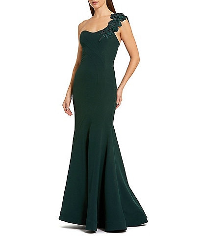 Mac Duggal One Shoulder Mermaid Gown with Floral Applique