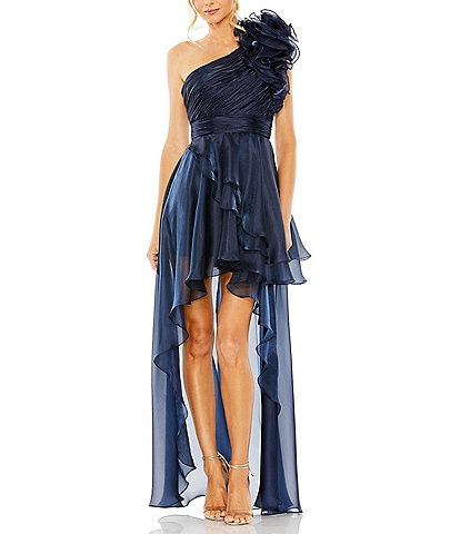 Mac Duggal Satin Ruffle Asymmetrical Neck Sleeveless Side Cut-Out High-Low  Gown