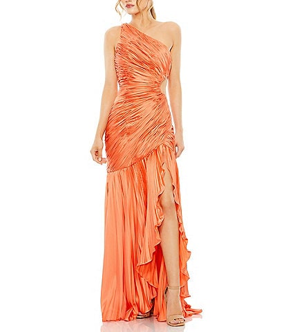 Mac Duggal One Shoulder Side Cut Out Shirred Chiffon Ruffle Front Sheath Gown