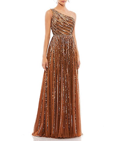 Mac Duggal Beaded One Shoulder Sleeveless Sequin A-Line Gown