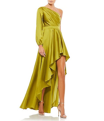Mac Duggal One Sleeve Satin Ruffle Front Hi Low Dress