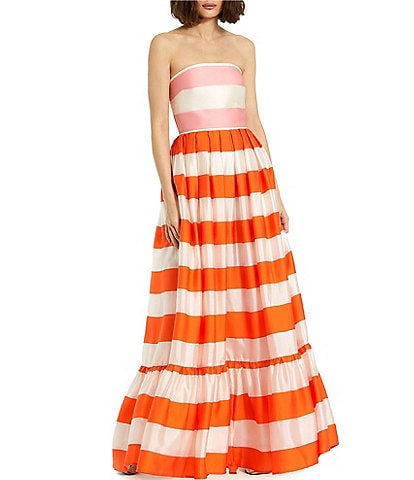 Mac Duggal Organza Stripe Print Strapless Ruffle Flounce Maxi A-Line Dress