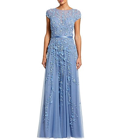 Mac Duggal Petite Size Illusion Round Neck Cap Sleeve Floral Embellished Mesh Aline Gown