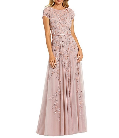 Mac Duggal Petite Size Illusion Round Neck Cap Sleeve Floral Embellished Mesh Aline Gown
