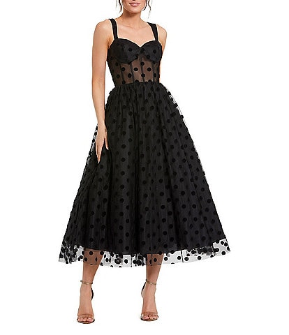 Mac Duggal Petite Size Polka Dot Net Bustier A-Line Midi Dress