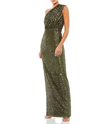 Mac Duggal Petite Size Ruched One Shoulder Sequined Column Gown