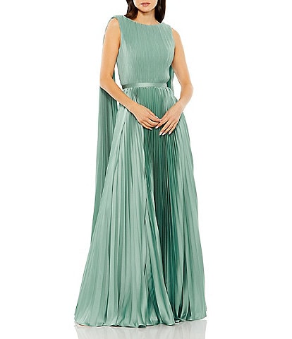 Mac Duggal Pleated Boat Neck Sleeveless Open Drape Back Gown