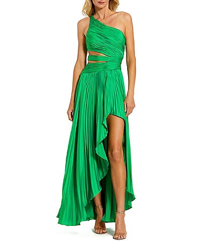 Mac Duggal Pleated Charmeuse One Shoulder Sleeveless Side Cut-Out Front Slit Gown