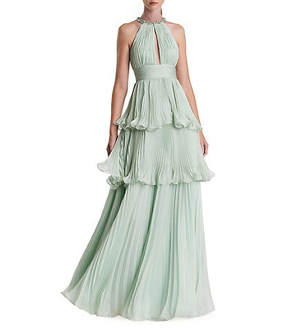 Mac Duggal Pleated Charmeuse One Shoulder Sleeveless Side Cut-Out Front Slit Gown