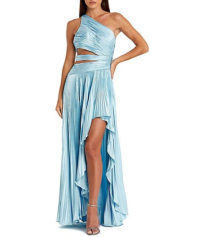 Mac Duggal Pleated Charmeuse One Shoulder Sleeveless Side Cut-Out Front Slit Gown