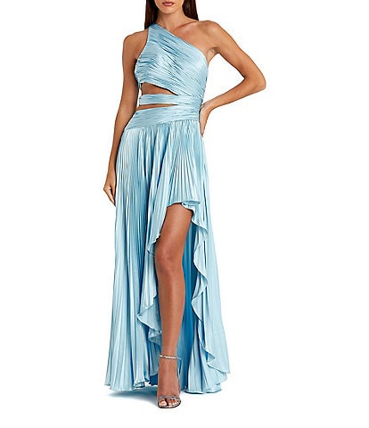 Mac Duggal Pleated Charmeuse One Shoulder Sleeveless Side Cut-Out Front Slit Gown