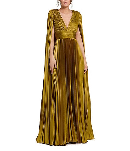 Mac Duggal Pleated Charmeuse V-Neck Cape Sleeve Gown