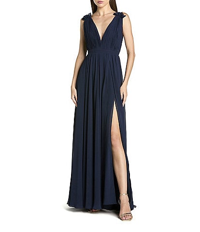 Mac Duggal Pleated Chiffon V-Neck Ruffle Sleeveless A-Line Gown