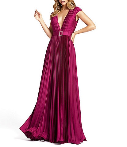 Mac Duggal Pleated Deep V-Neck Cap Sleeve Belted Gown