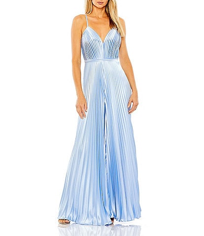 Mac Duggal Pleated Deep V-Neck Spaghetti Strap Sleeveless Wide Leg Jumpsuit