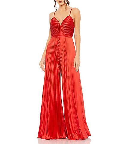 Mac Duggal Pleated Deep V-Neck Spaghetti Strap Sleeveless Wide Leg Jumpsuit