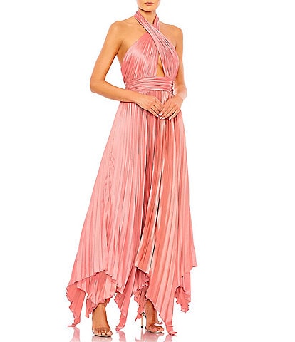 Mac Duggal Pleated Halter Neck Cut-Out Front Back Detail Sleeveless Asymmetrical Hem Gown