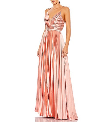Mac Duggal Pleated Satin Plunge V-Neck Sleeveless Open Back Detail A-Line Gown