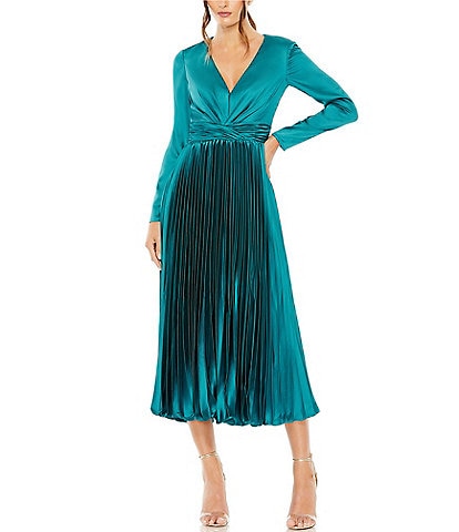 Mac Duggal Pleated Satin V-Neck Long Sleeve Fit and Flare Midi Dress
