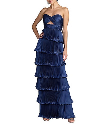 Mac Duggal Pleated Strapless Cut Out Tiered Ruffle Charmeuse Satin Column Gown