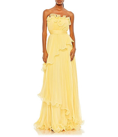 Mac Duggal Pleated Tiered Ruffle Strapless Gown