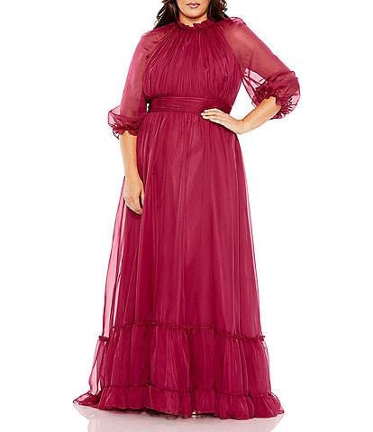 Mac Duggal Plus Size 3/4 Puff Sleeve High Neck Tiered Gown
