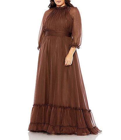 Mac Duggal Plus Size 3/4 Puff Sleeve High Neck Tiered Gown