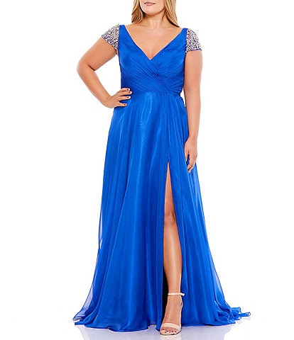Mac Duggal Plus Size Beaded Cap Sleeve V-Neck Gown