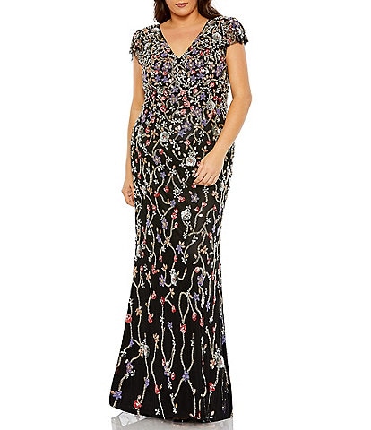 Mac Duggal Plus Size Cap Flutter Sleeve V-Neck Floral Embellished Sequin Gown