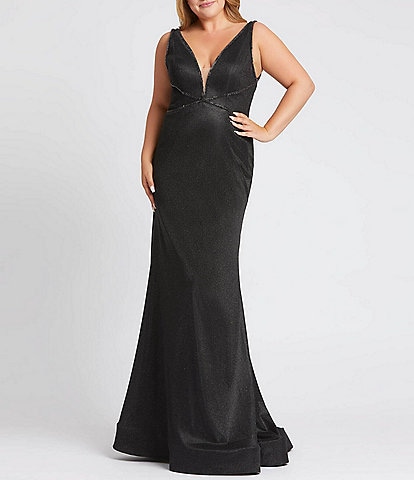 Mac Duggal Plus Size Deep V-Neck Sleeveless Shimmer Gown