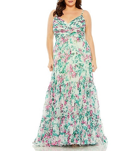 Mac Duggal Plus Size Floral Print Sweetheart Neckline Sleeveless Ruffle Gown