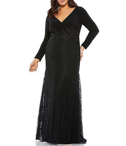 Mac Duggal Plus Size Lace Surplice V-Neck Long Sleeve Mermaid Gown
