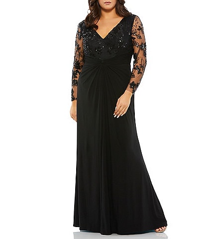 Mac Duggal Plus Size Long Embellished Illusion Sleeve V-Neck Twist Front Jersey Gown
