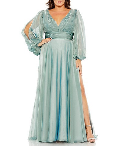 Mac Duggal Plus Size Long Puffed Sleeve With Embellished Cuff V-Neck A-Line Gown