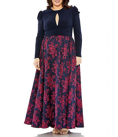 Mac Duggal Plus Size Long Sleeve Keyhole Knot Neck Floral Brocade Gown