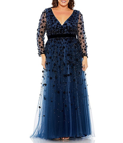 R&M Richards Women's Plus Size Short Sleeve sequin-embellished High-Low Gown 24W, Navy Gold