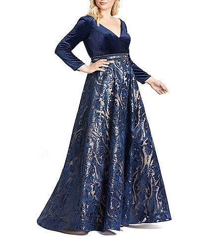 Mac Duggal Plus Size Long Sleeve V-Neck Velvet Bodice Embellished Lace Ball Gown