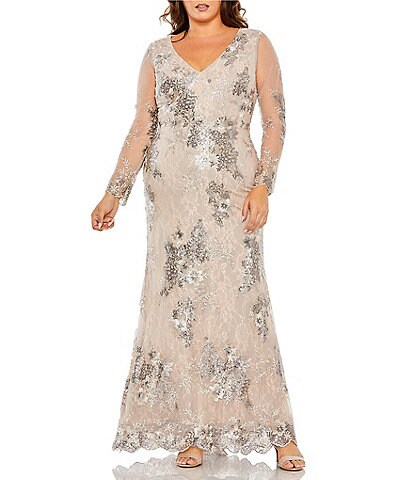 Mac Duggal Plus Size Mesh Long Sleeve V-Neck Embroidered Gown