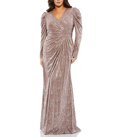 Mac Duggal Plus Size Metallic Ruched Waist Long Sleeve V-Neck Gown