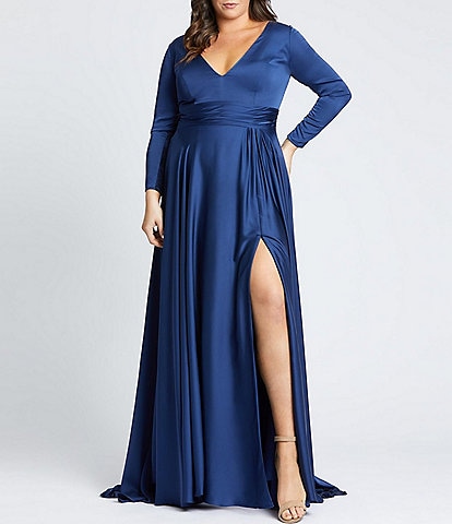 Mac Duggal Plus Size Satin V-Neck Long Sleeve Side Slit A-Line Gown