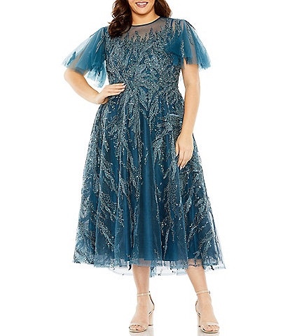 Mac Duggal Plus Size Short Flutter Sleeve Illusion Crew Neck Embellished Midi Dress