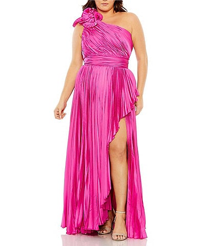 Mac Duggal Plus Size Sleeveless One Shoulder Rosette Detail Pleated Satin Gown